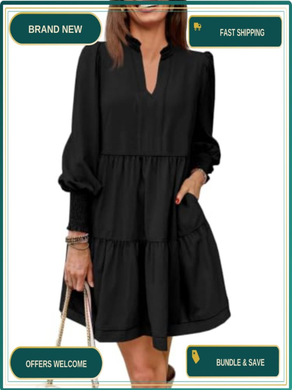 Women's Casual V-Neck Tiered Tunic Dress Long Sleeve Blouson Smocking Ruffle